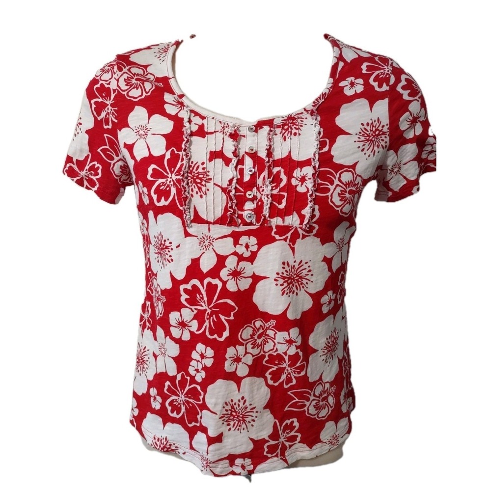 Floral Top Laura Scott Red Large Womens Tropical Boho Summer Cottage Core Henley